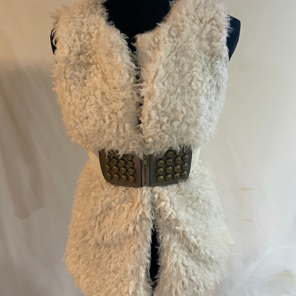 White women’s faux fur vest with attached belt